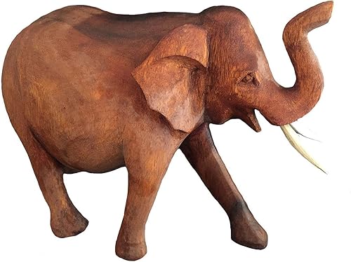 Vista 3 de OMA Estatua de elefante de madera maciza tallada a mano con tronco de la suerte, figura de elefante, decoración del hogar (grande)