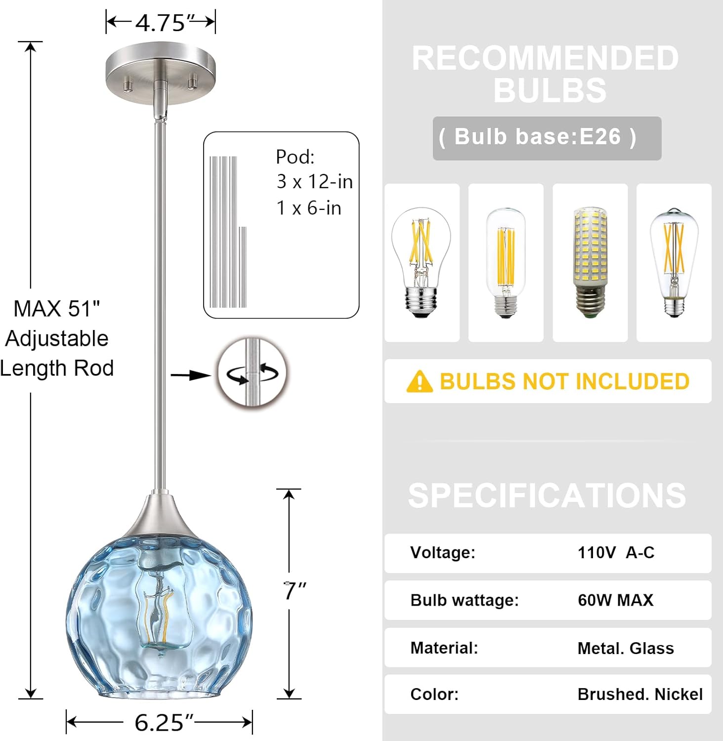 Hanging Modern Farmhouse Pendant Light Fixture,6.3" Hammer Globe Blue Glass 3 Pack Mini Pendant Lighting Brushed Nickel Finish for Kitchen Island Dinning Over Sink Living Room Decor