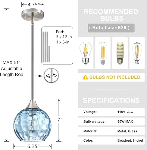 Miniatura 3 de Dolaimy House Lámpara colgante moderna de granja, 6.3 pulgadas, globo de martillo azul de cristal, mini iluminación colgante con acabado dorado para