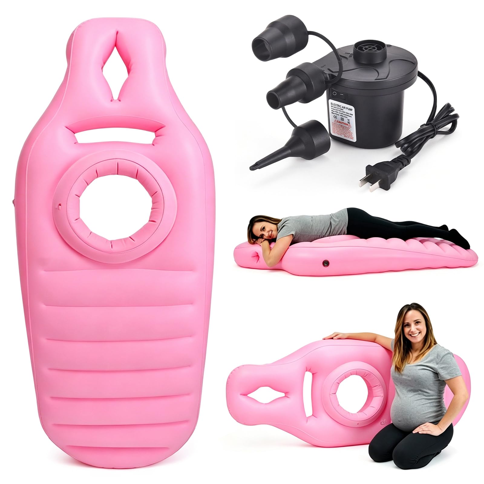 Almohada hinchable de embarazo, colchón de aire para embarazadas, almohada abdominal para embarazadas, almohada de embarazo, cojín de PVC flocado, para aliviar la espalda y el abdomen, con bomba (rosa