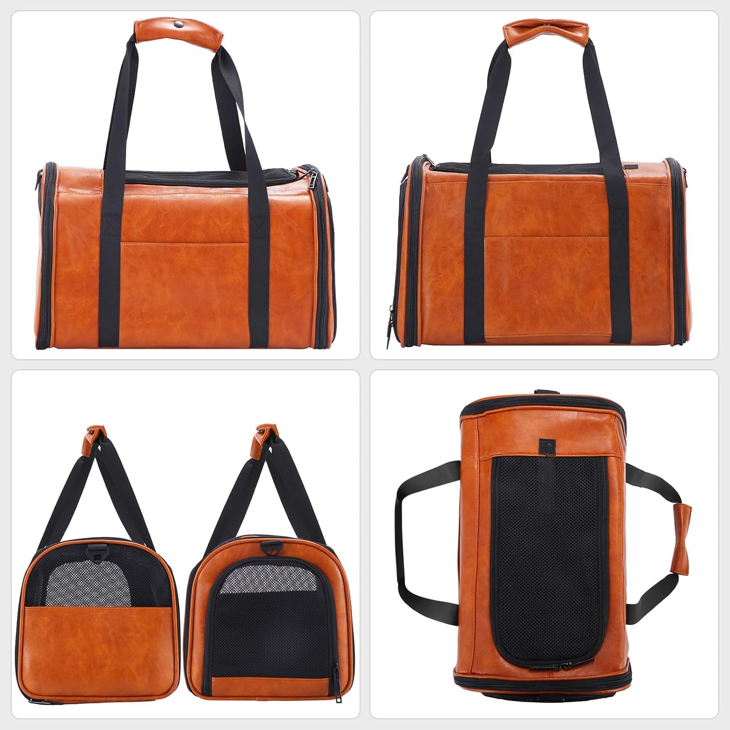 Lasaviin Fashion Leather Dog Carrier Cat Carrier Airline Approved Pet Carrier for Small Medium Dogs Cats Under 15Lbs, Collapsible Soft Sided Travel Puppy Carrier Brown