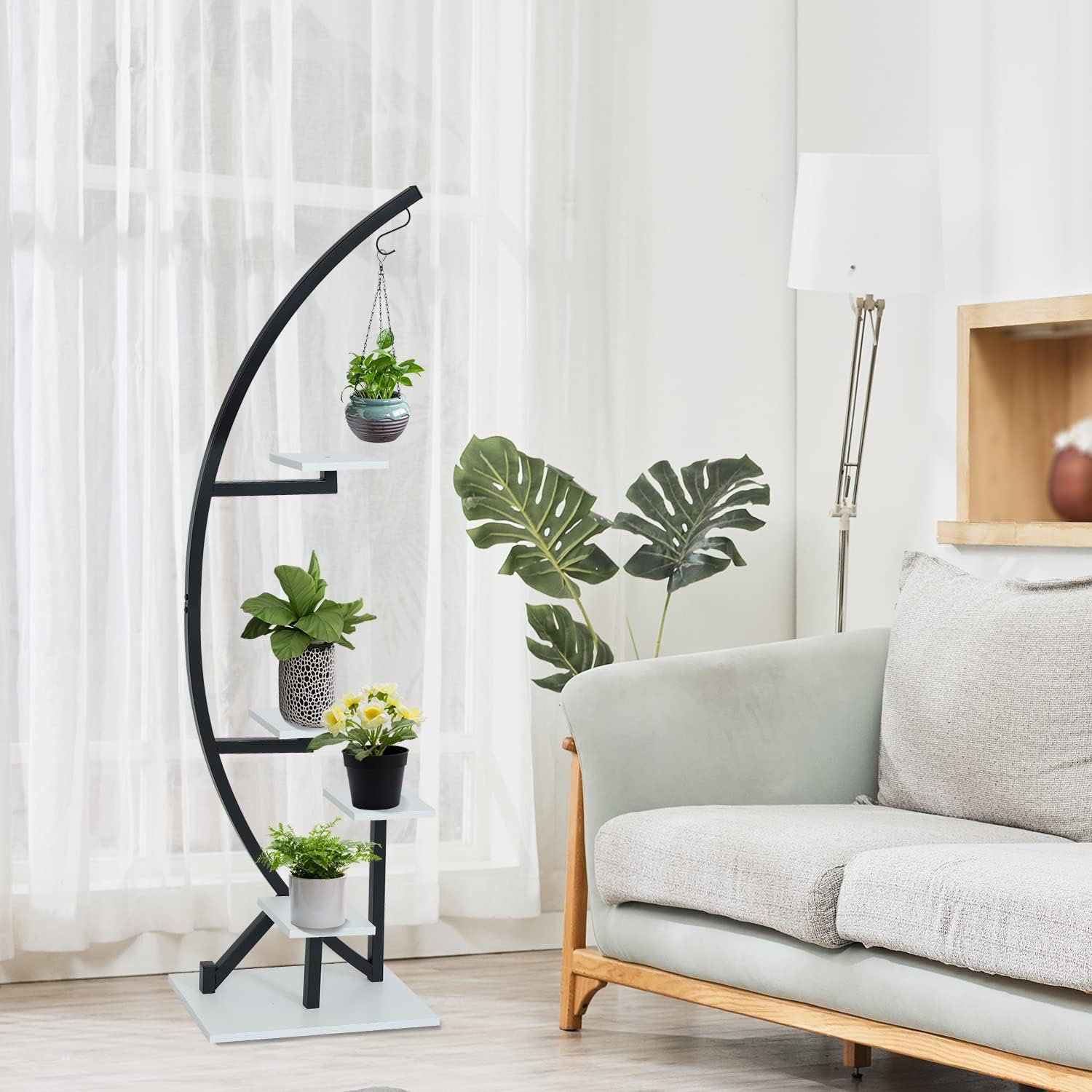 Fullwatt Plant Stand Indoor 2 PCS 5 Tier Half Moon Shape Ladder Flower Pot Stand Metal Flower Shelf with 6 Hooks White