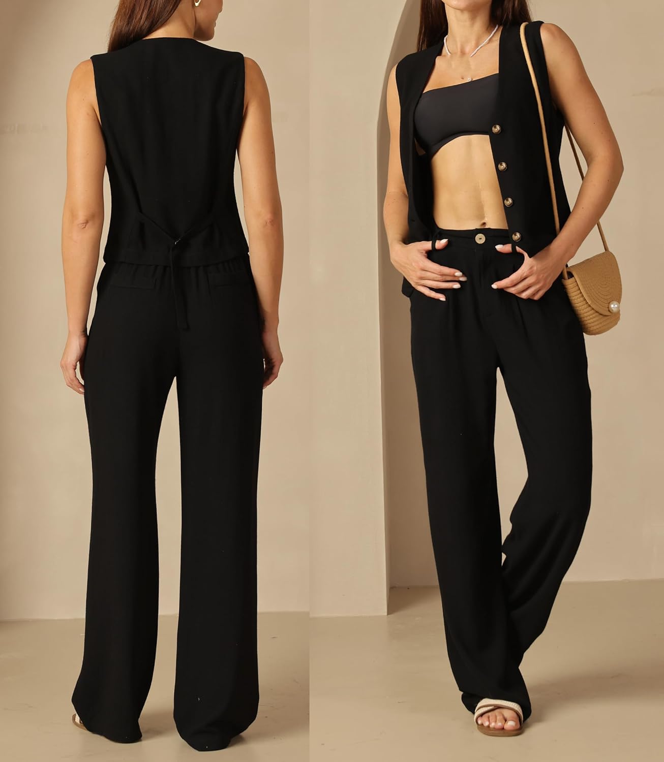 Women's Linen 2 Piece Outfits Summer Vest Suit Sets Wide Leg Pants Business Casual Vacation Work Sets - Image 3