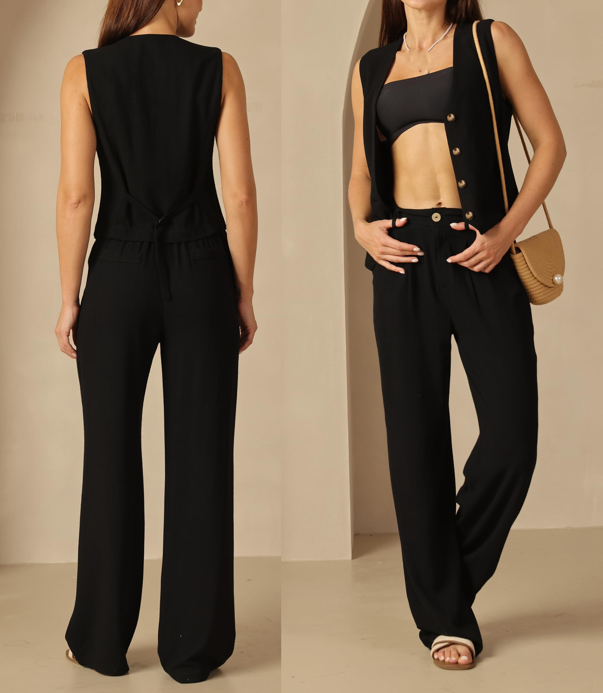 Fakanhui Conjunto de 2 piezas de lino para mujer, pantalones de pierna ancha, ropa de negocios