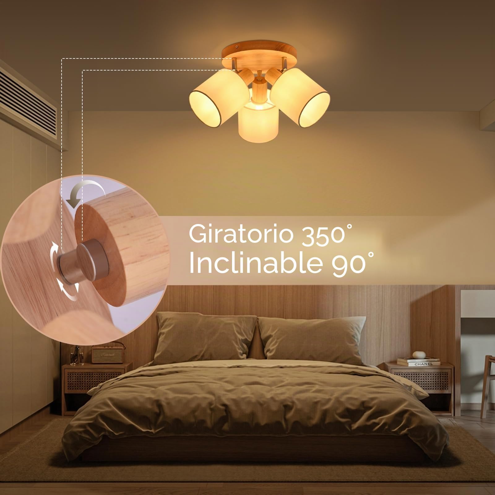 Glitzerlife Lámpara de techo Madera 3 Focos de Techo Redondo E14 Retro | Giratorios Interior Iluminación Foco de Pared con Pantalla de Luz para Dormitorio Salón Cocina Pasillo (Sin Bombilla)