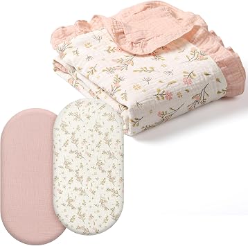 100% Organic Cotton Muslin Baby Bassinet Sheets 2 Pack 33x17 for Baby Girl Boy, 100% Organic Cotton Muslin Baby Blanket Flounce Edge Large 50"x43" Floral