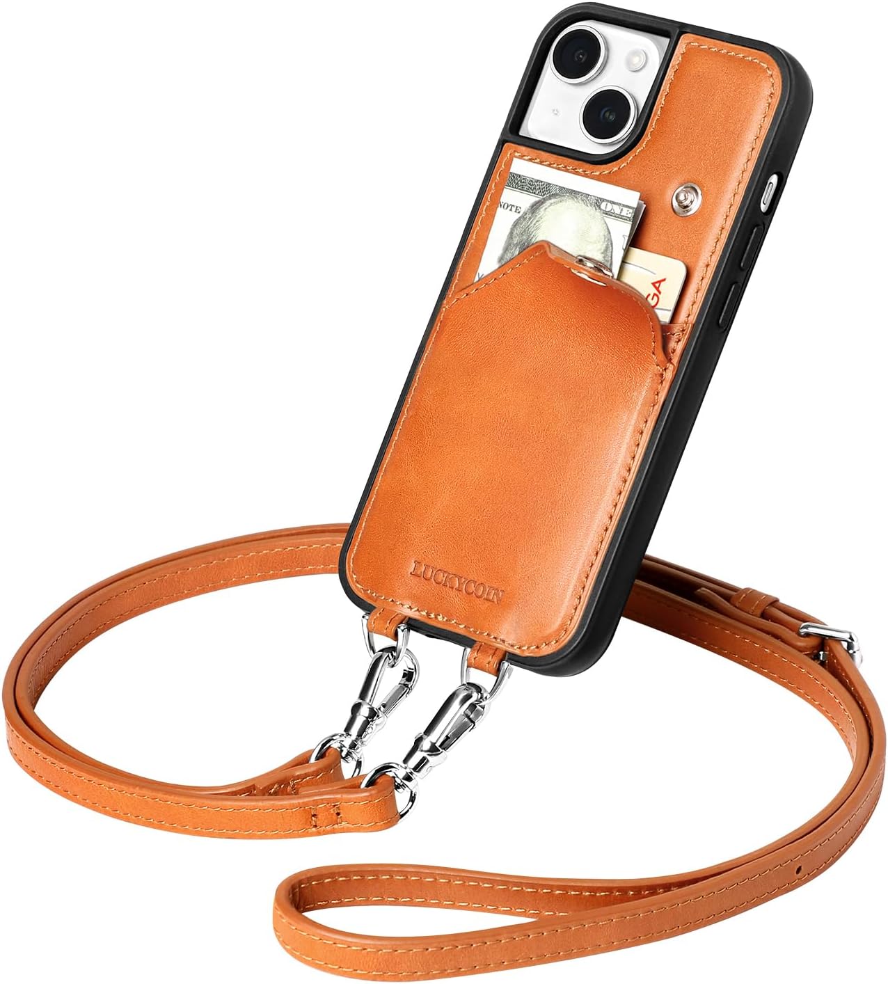 LUCKYCOIN Crossbody Wallet Purse Case for iPhone 15,Genuine Leather Drop-Protection Phone Case for Women with Expandable Card Holder & Adjustable Strap,Hands-Free for Travel & Daily Use -Brown