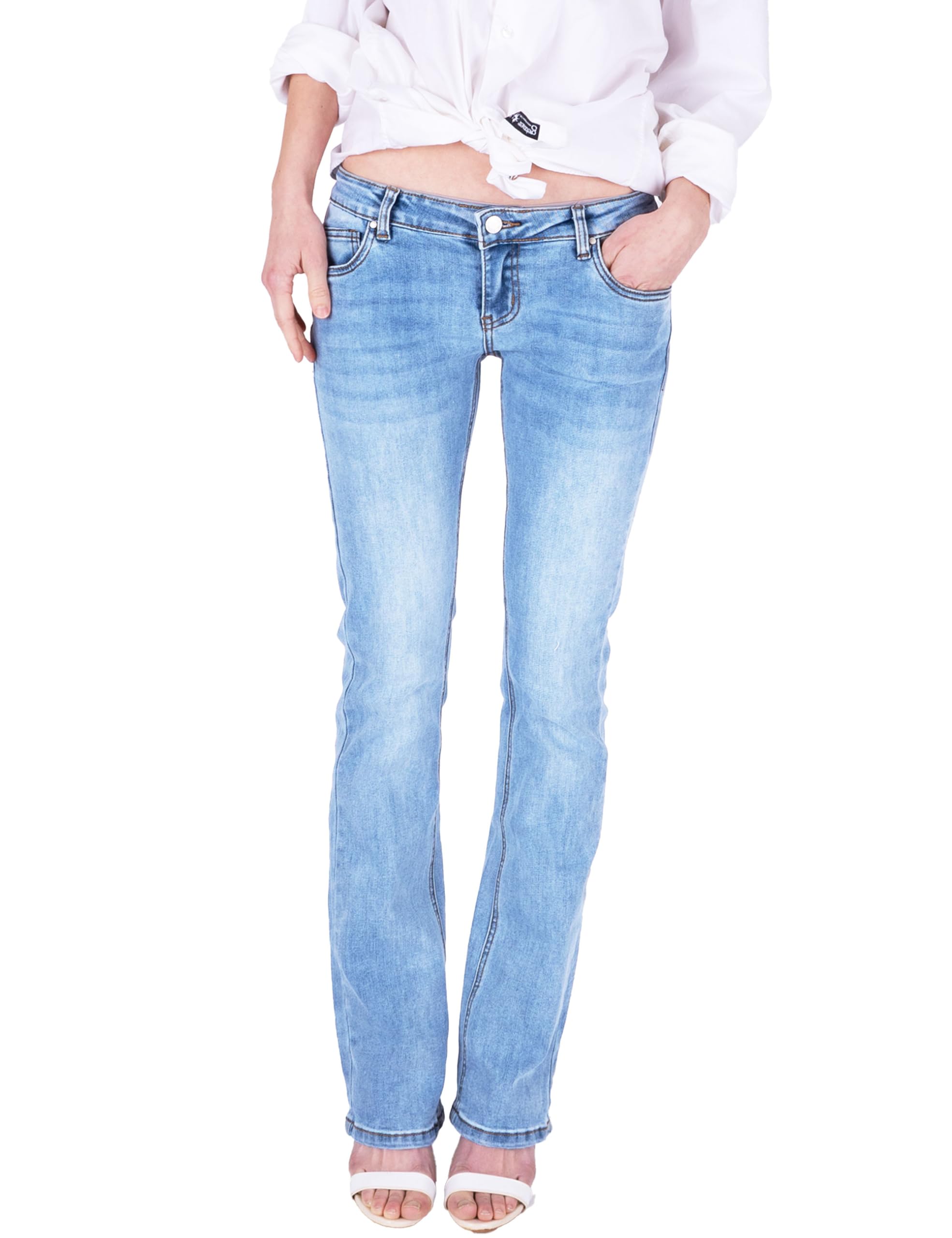 Fraternel Jeans Donna Bootcut Vita Bassa Denim Blue Five Pocket Effetto Used
