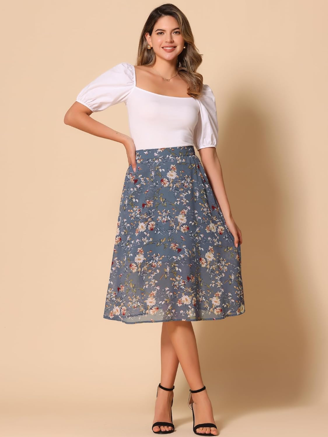 Allegra K Women's Floral Skirt A-Line Midi Skirt Chiffon Elegant 2025 Fall Skirts with Pockets - Image 2