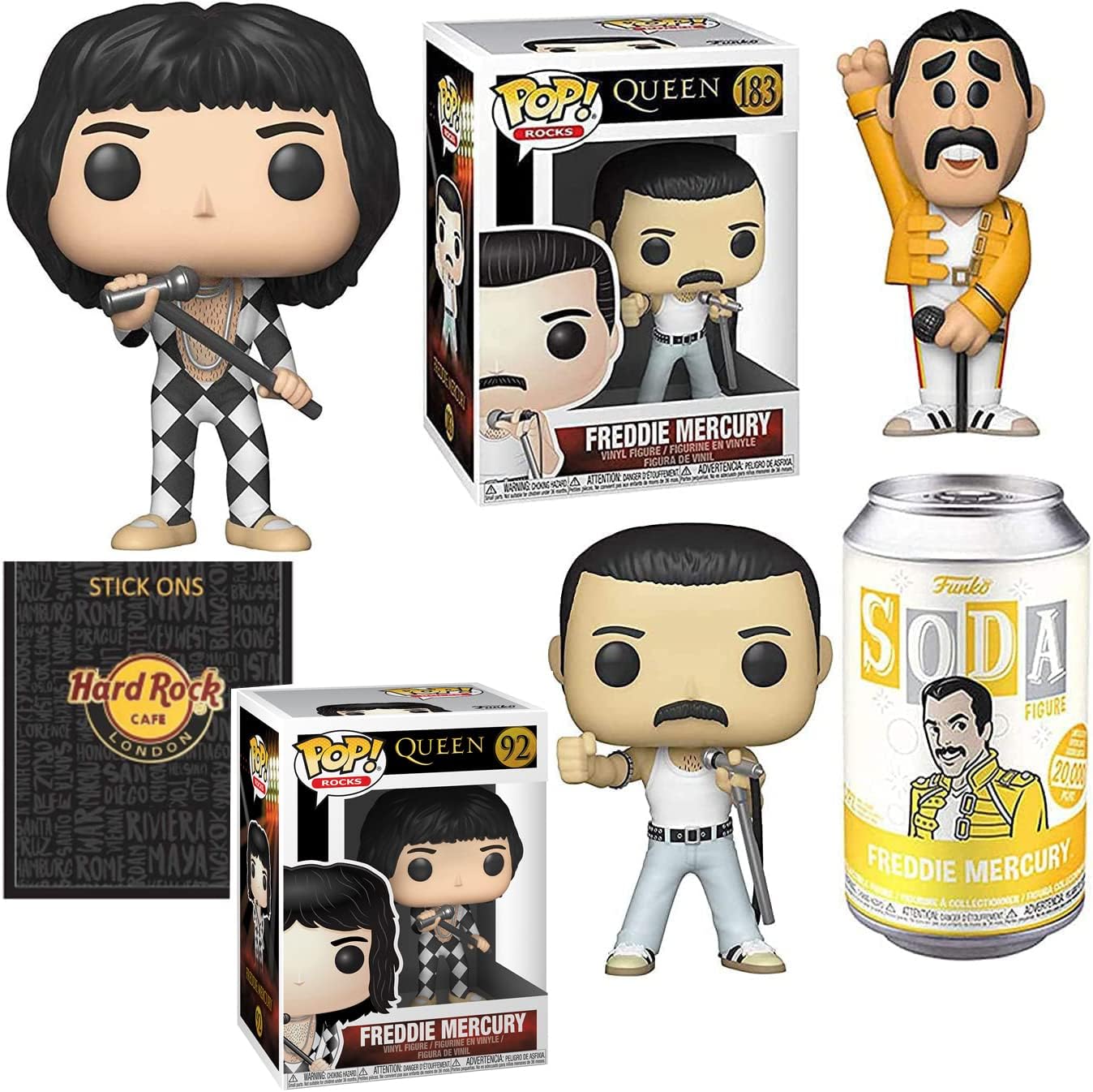 London Mecury Figure Freddy in Tin Soda Can Bundled with Queen Star Pop! Classic Pose + Vinyl Singer Rocks Harlequin + Album Pin Badge Set Collectible 4 Items