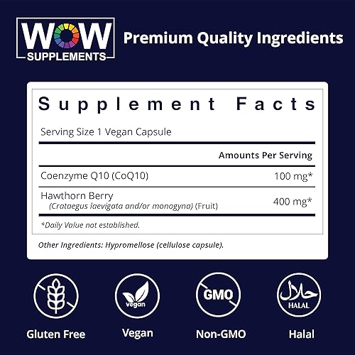 Miniatura 2 de WOW Supplements CoQ10 100 mg con baya de espino - Alta absorción CoQ10 100mg para producción de energía, salud cardíaca y celular - Sin OMG,