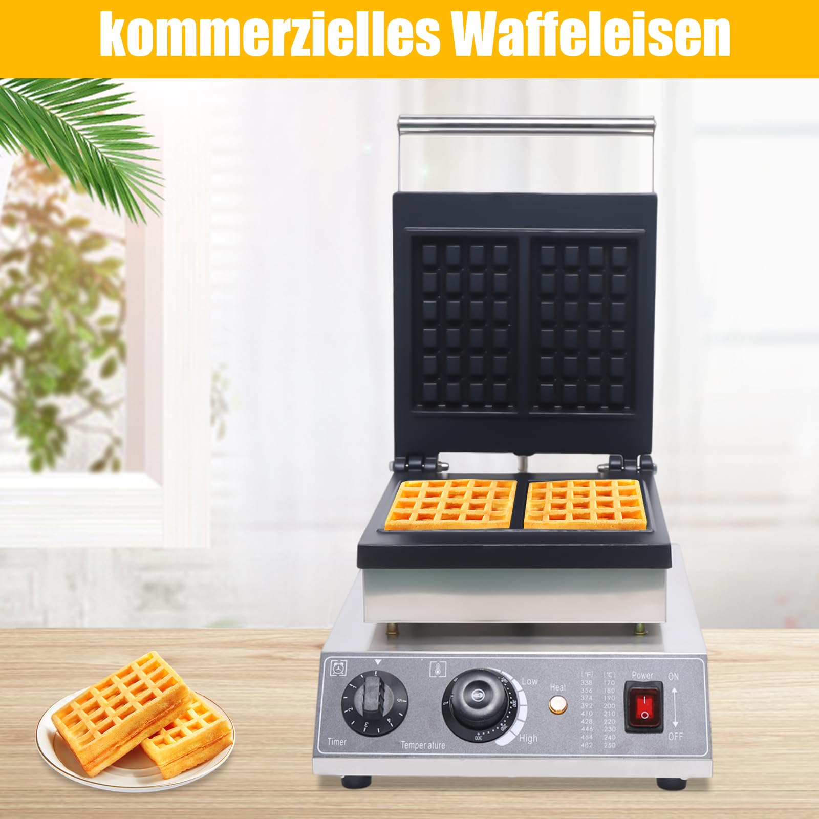 Gofrera profesional, 1500 W, con revestimiento antiadherente y temporizador, forma giratoria 180°, 50 ~ 300 ℃ para fiestas infantiles, fiestas familiares