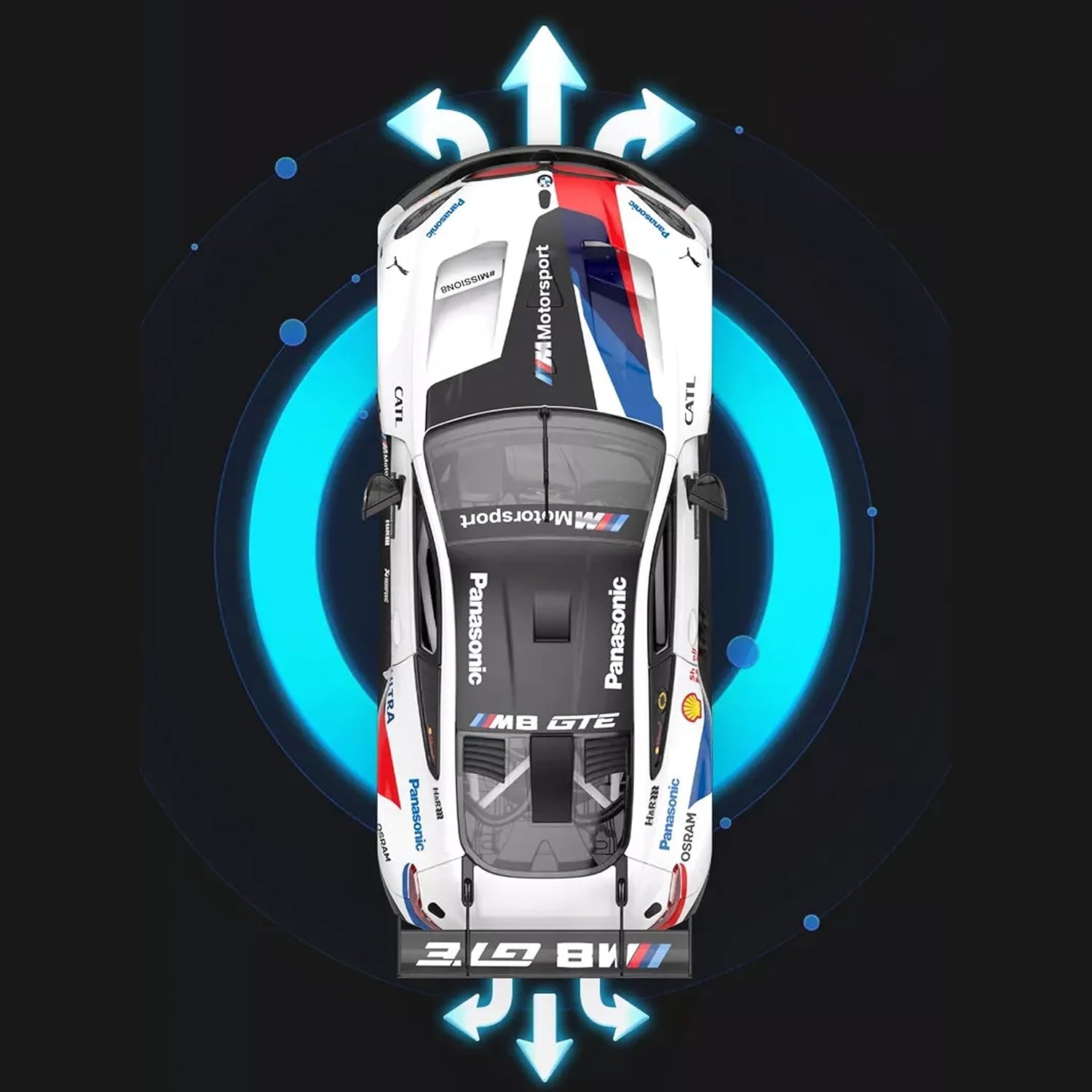 Top-down view of the Rastar BMW M8 GTE RC car with directional arrows
