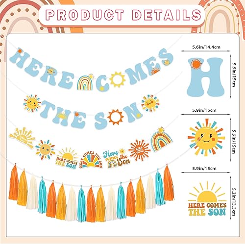 Miniatura 2 de Banner azul para baby shower con borla de guirnalda de texto en inglés Here Comes The Son, decoración de baby shower boho retro para fiesta de