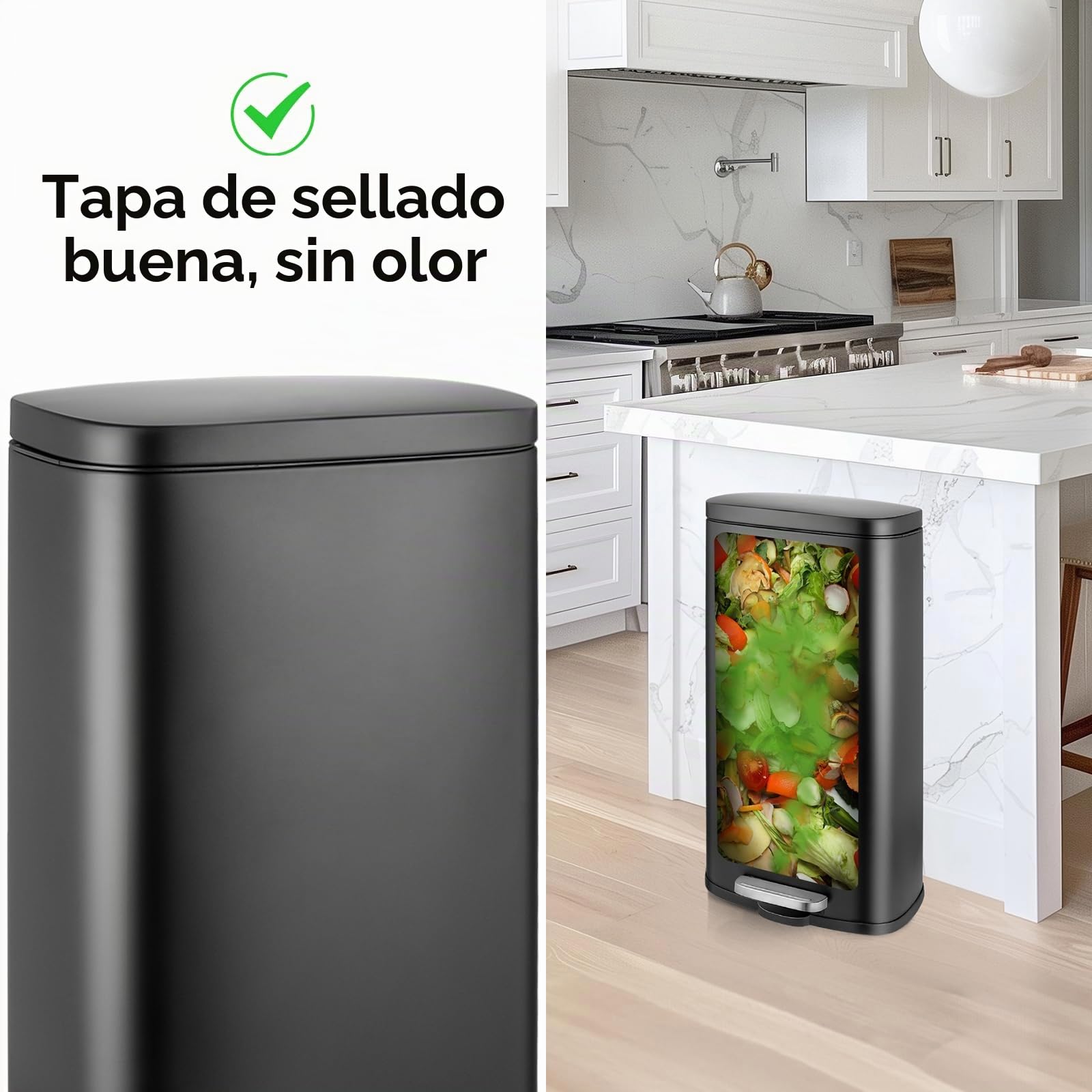 LIFERUN Cubo de Basura Cocina 30 Litros, Cubos Basura Metálicas, Papelera Grande con Tapa de Cierre Suave y Cubo Interior, per Cocina, Baño, Wc u Oficina, Negro