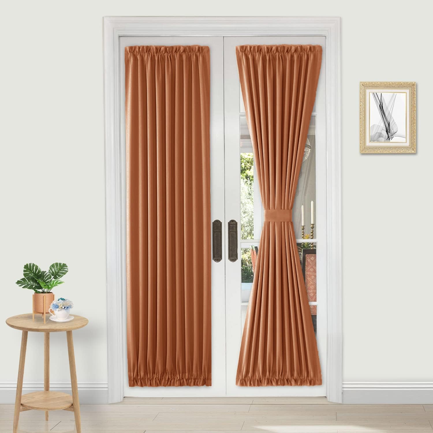 DWCN French Door Curtains – Rod Pocket Thermal Blackout Curtain for Doors with Glass Window, Kitchen and Patio Doors for Privacy, 23 X 72 Inches Long, 1 Curtain Panel with Tieback, Burnt Ochre — image 1