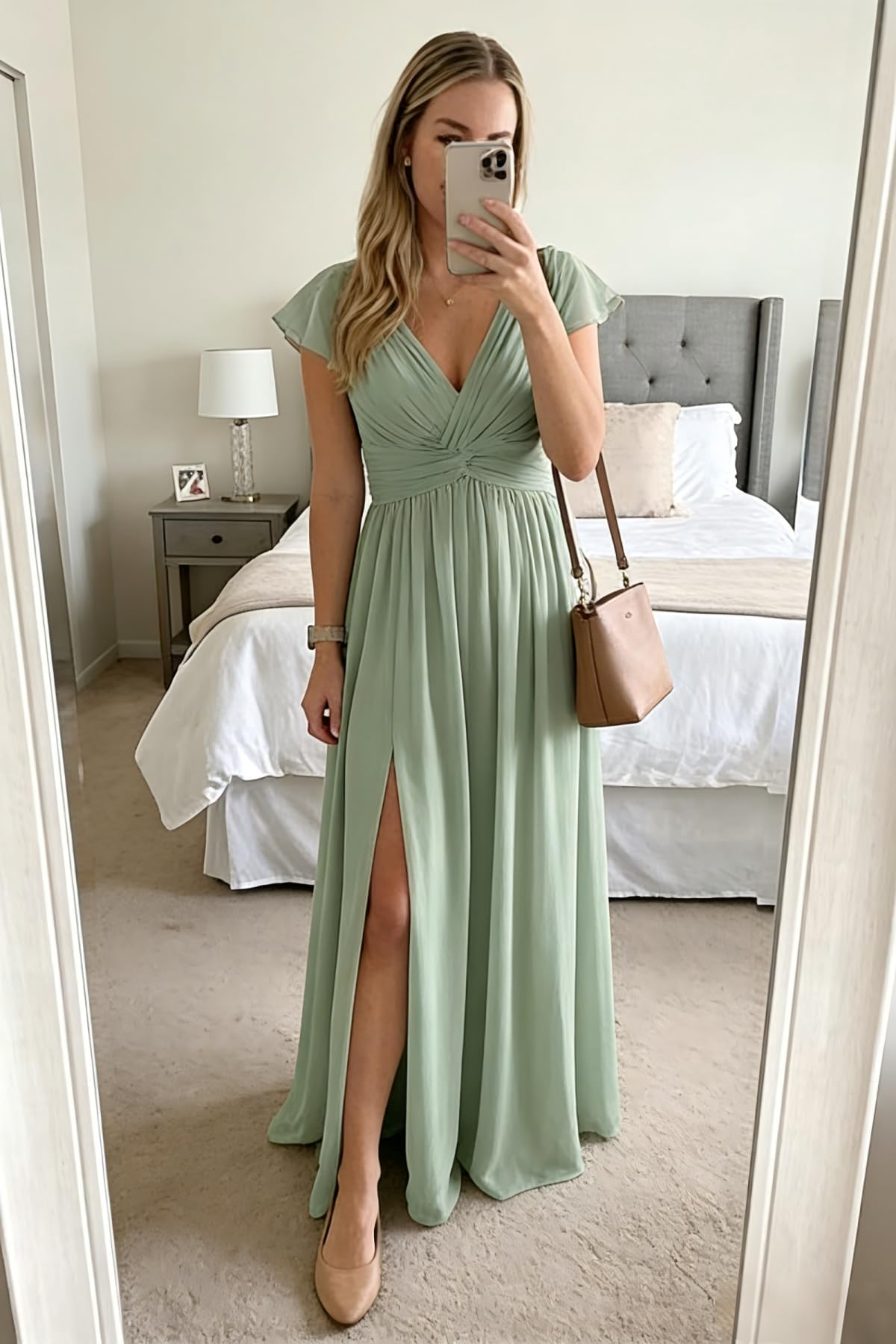 HUINI Brautjungfernkleid mit Schlitz Chiffon A-Linie V-Ausschnitt Lange Formelles Abendkleid