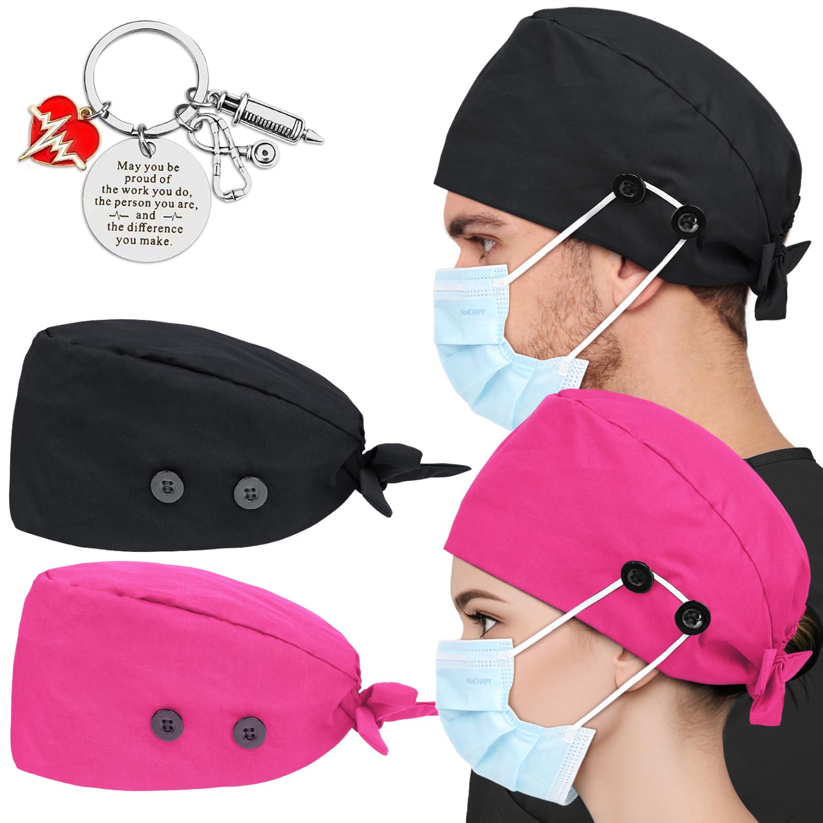 2 Pcs Satin Lined Scrub Cap Nurse Hats for Women Men 4 Buttons