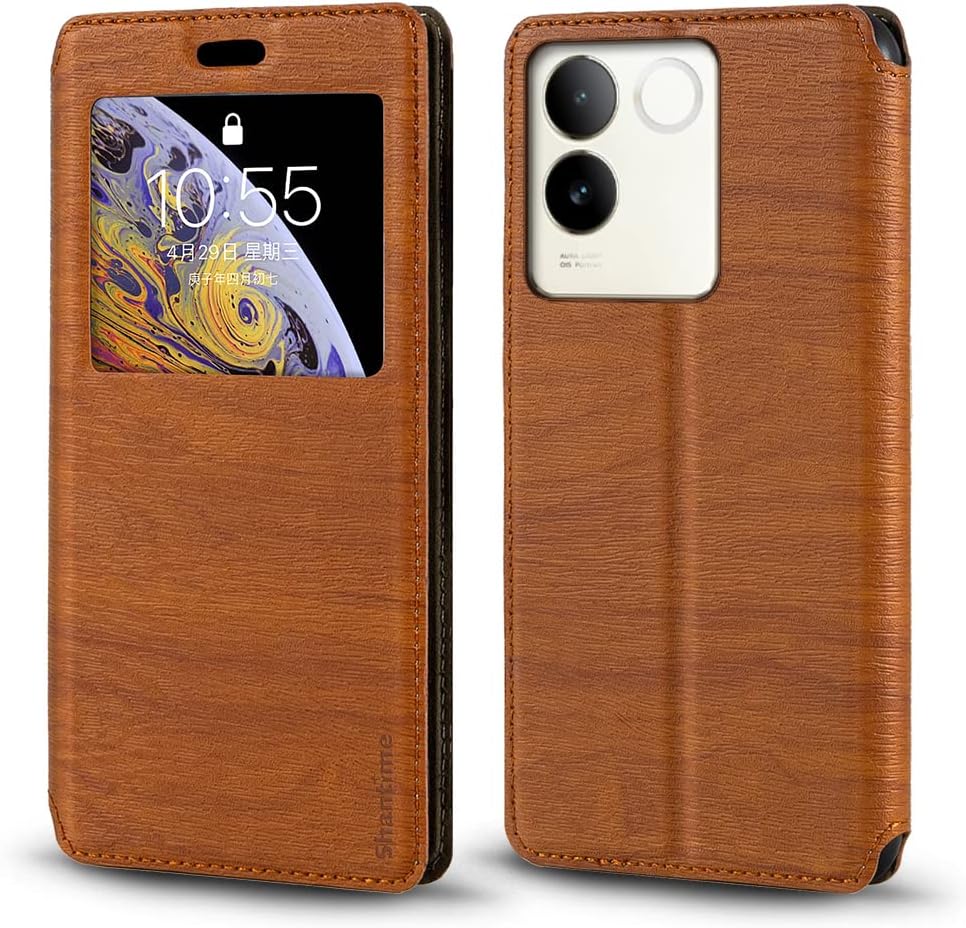 Viewable Window Leather Flip Case Compatible with Vivo T2 Pro 5G, Elegant Design Clear Display Invisible Magnetic Cover and Card Slot(Brown)