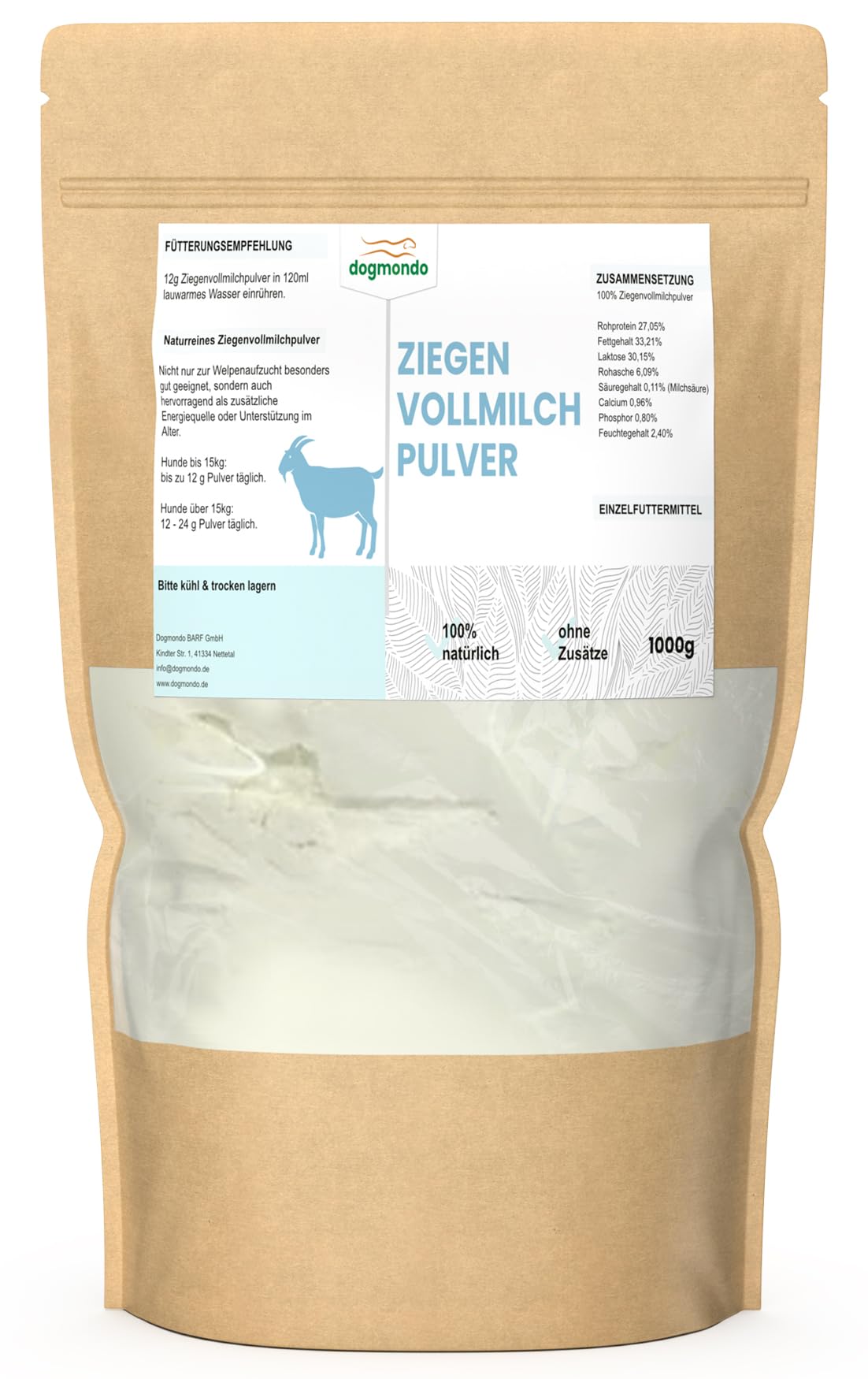 Dogmondo's Ziegenvollmilchpulver 1000g - Premium Ziegenmilch, Welpenmilch, Ersatzmilch ohne Zusätze. 100% Naturprodukt für Hunde, Katzen, Welpen und Kätzchen