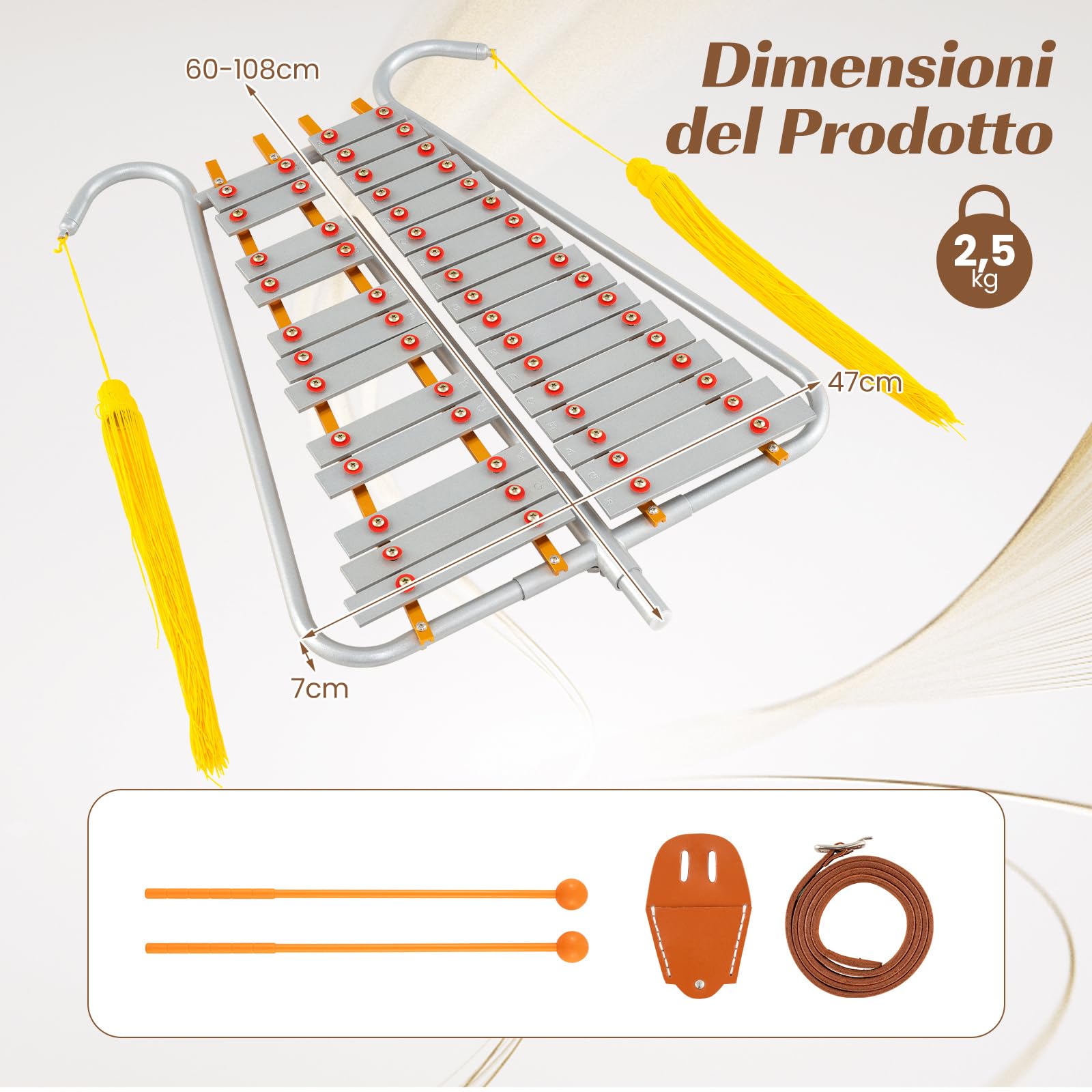 COSTWAY Glockenspiel a 29 Note, Xilofono da Marcia in Alluminio con Maniglia Regolabile, 2 Bacchette e Cinture, Set Strumento a Percussione Portabile per Adulti e Principianti