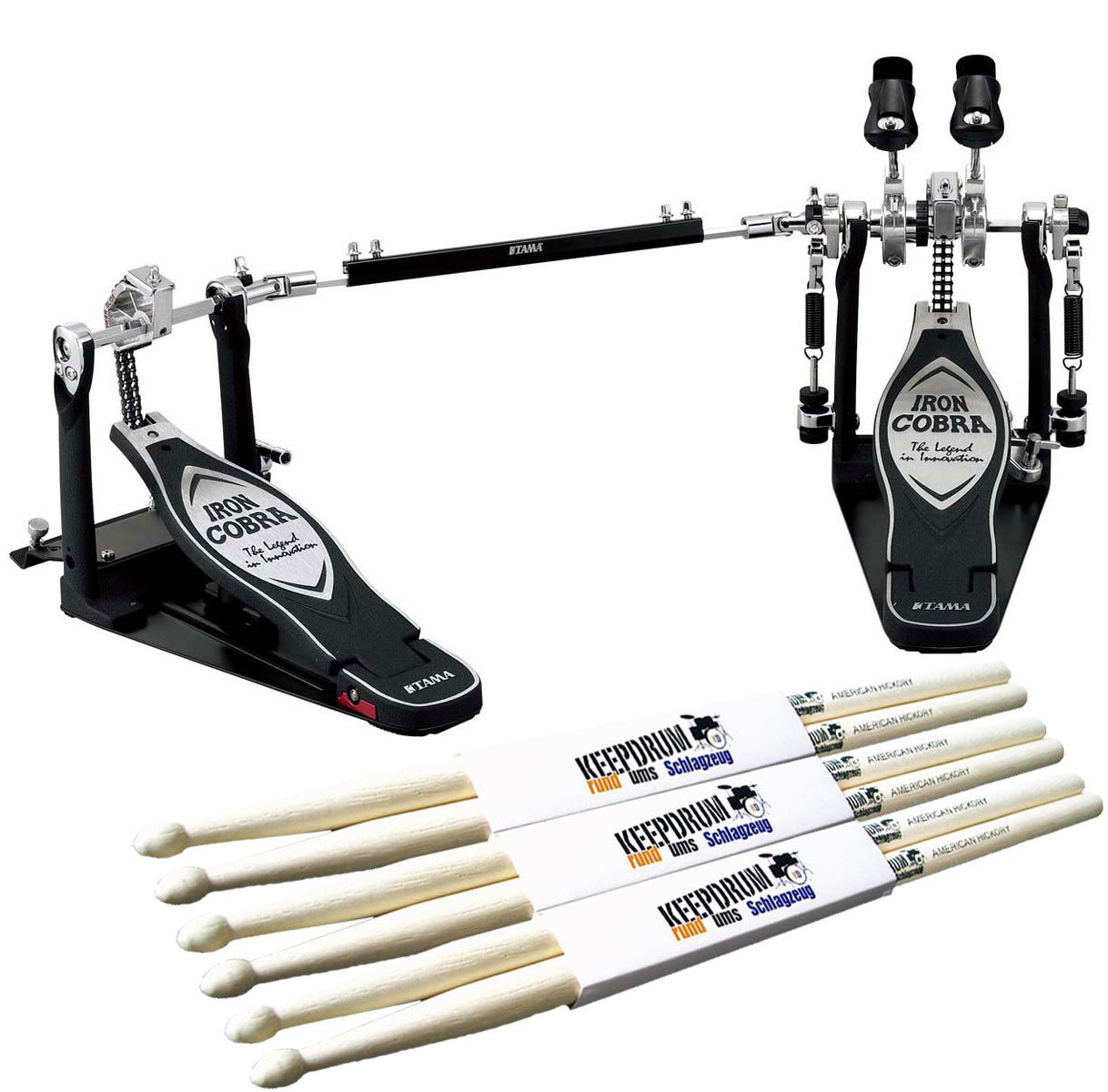 TAMA HP900PWN Iron Cobra Power Glide pedał podwójna stopka + pałeczki perkusyjne Keepdrum, 3 pary