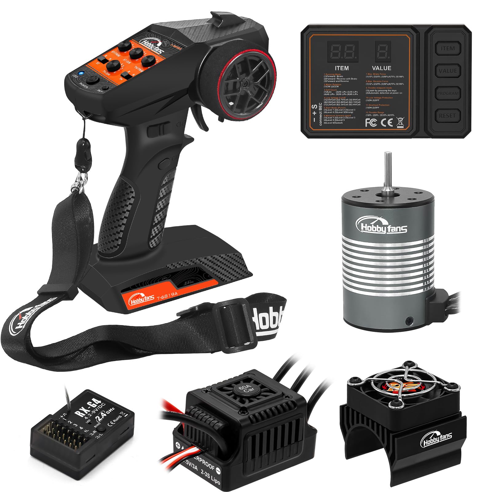Moteur sans balais étanche S3650 4300 KV arbre de 3,175 mm avec carte de programmation ESC sans balais 60 A et dissipateur thermique et émetteur et récepteur 4CH RC pour voiture camion 1/10