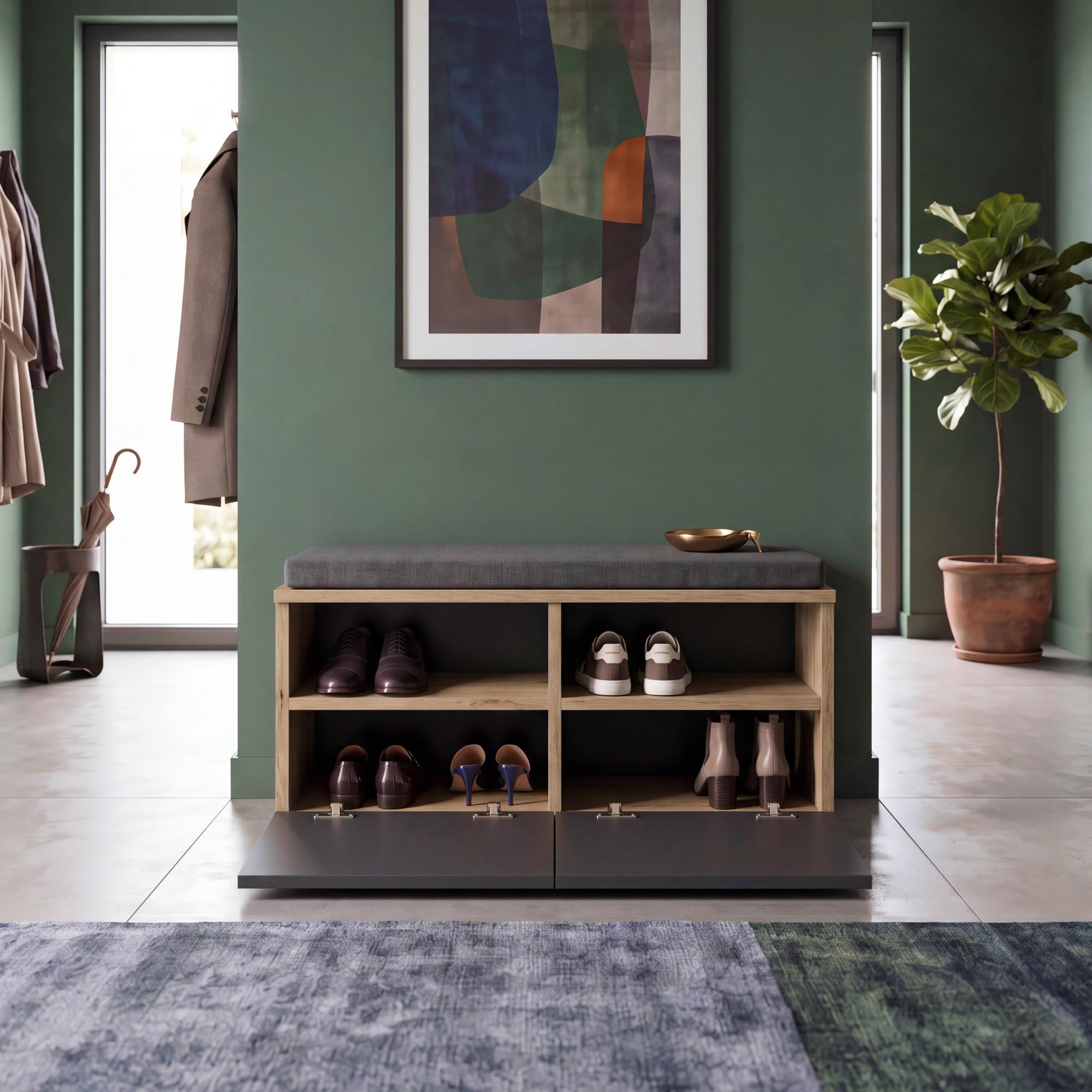[en.casa] Banc à Chaussures avec 2 Portes Range-Chaussures à 4 Niveaux Meuble de Rangement pour Entrée Panneau de Particules Textile 42 x 80 x 35 cm Effet Chêne Noir
