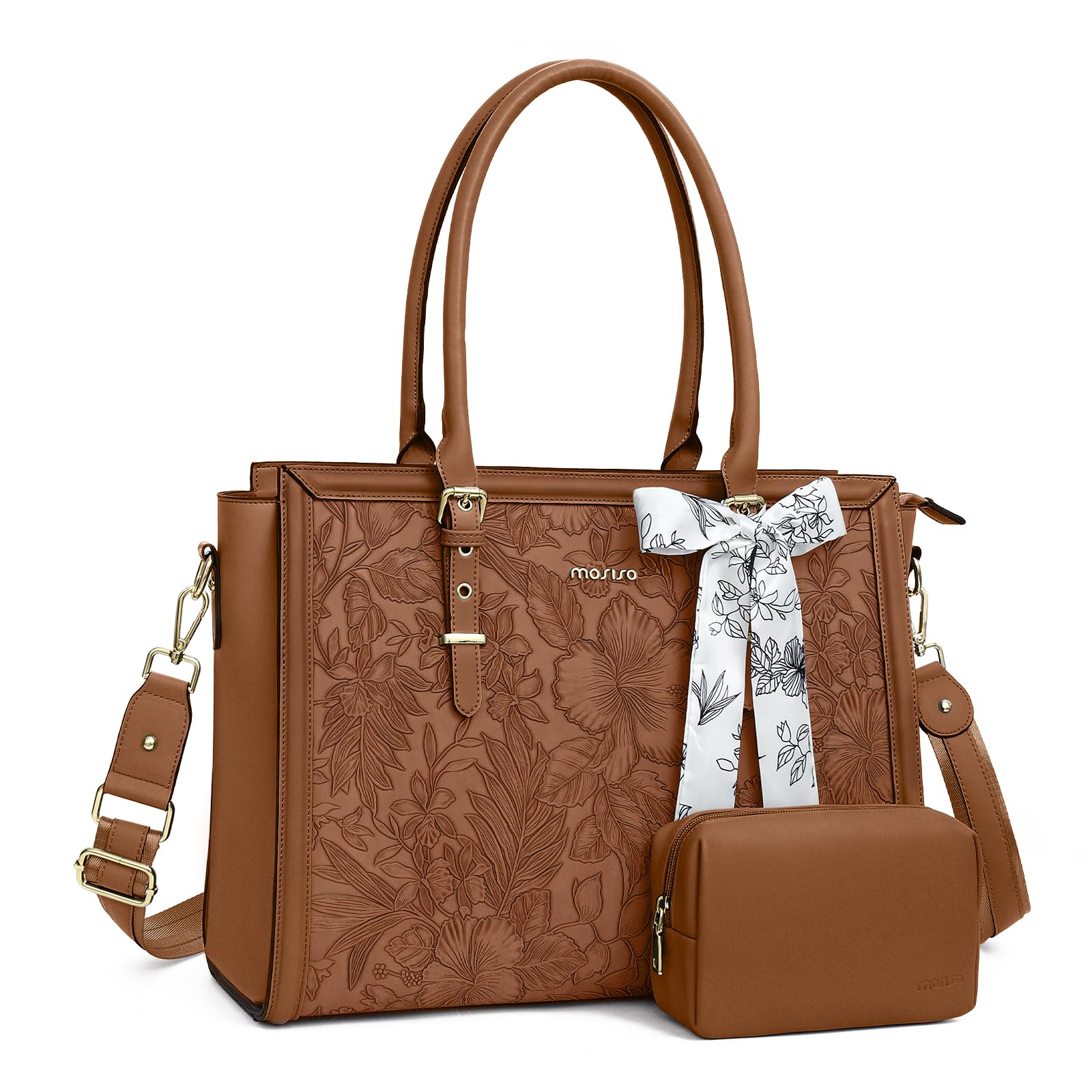 MOSISO Laptop Bag for Women, 17-17.3 inch PU Leather Tote Bag | Compatible with MacBook, HP,Dell, Front Embossed Retro Hibiscus Computer Bags with