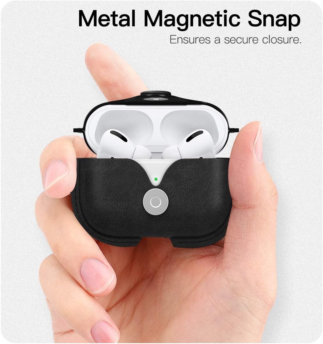 MoKo Case Fit AirPods Pro 2019, [Visible Front LED] PU Leather Vintage Style Snap Closure Protective Cover Carrying Pouch Pocket with Keychain for Airpods Pro Wireless Charging Box - Dark Black