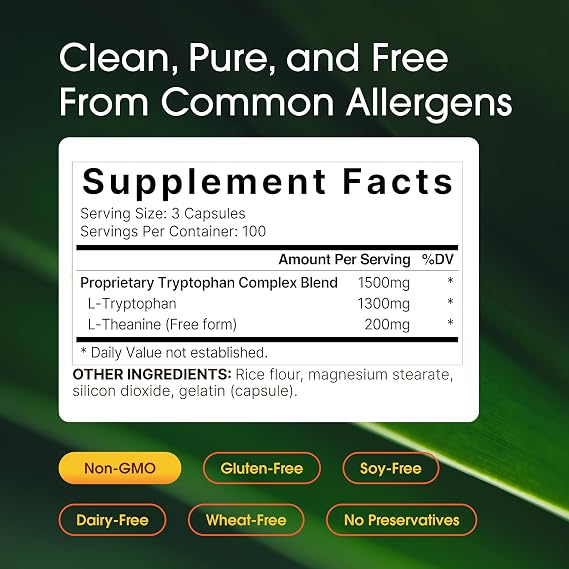 NatureBell L-Tryptophan Complex - 300 Capsules - Triple Strength 1,300mg L-Tryptophan with 200mg Free-Form L-Theanine - Calming Support Formula for Relaxation & Wellness*