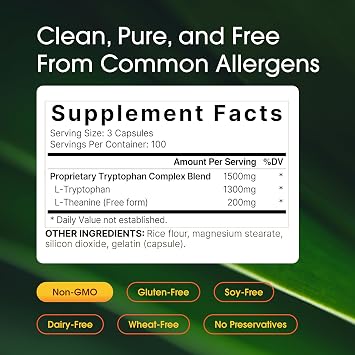 NatureBell L-Tryptophan Complex - 300 Capsules - Triple Strength 1,300mg L-Tryptophan with 200mg Free-Form L-Theanine - Calming Support Formula for Relaxation & Wellness*