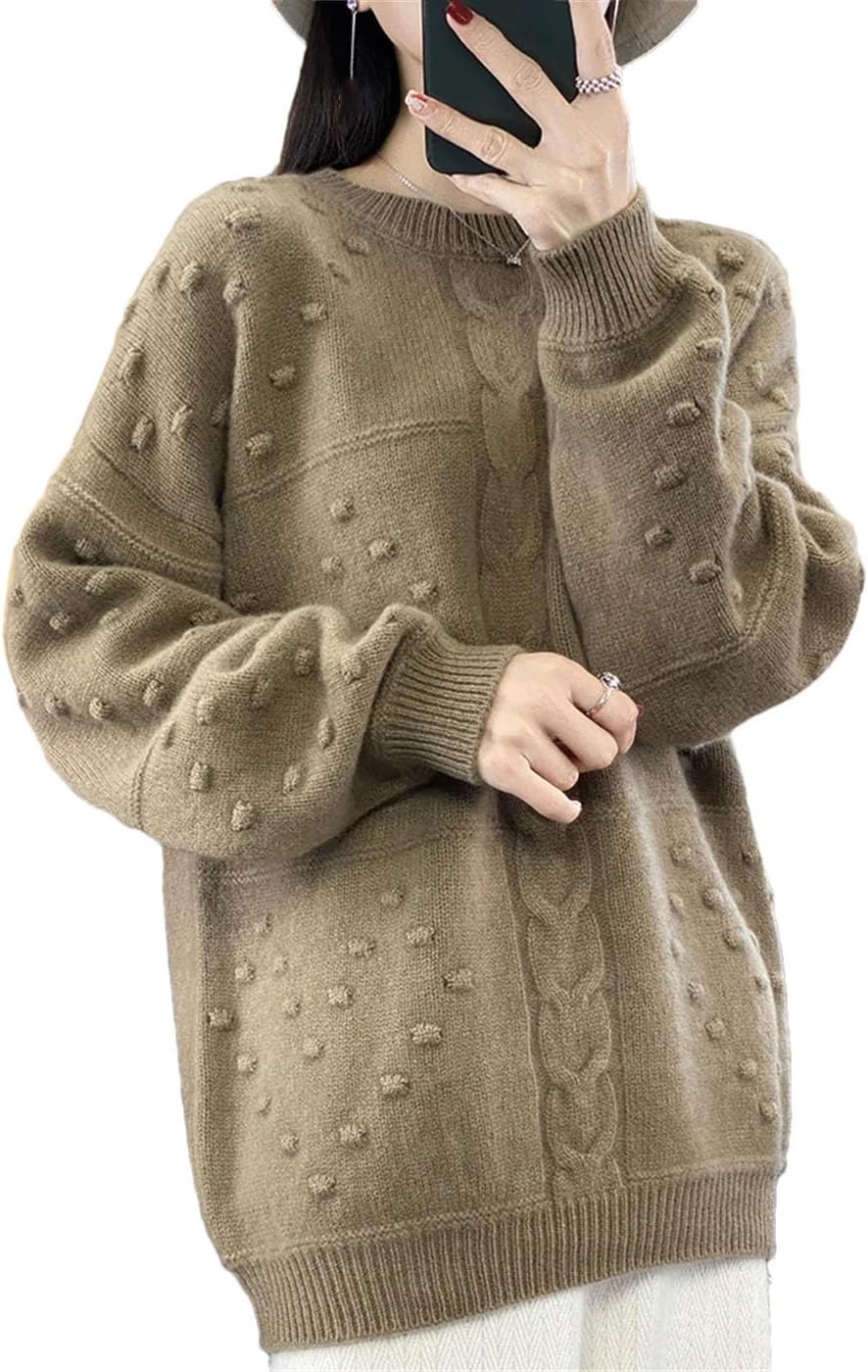 Women's 100% Merino Wool Sweater Crewneck Twisted Flower Knitted Pullover Jumper Winter Thicked Thermal Tops