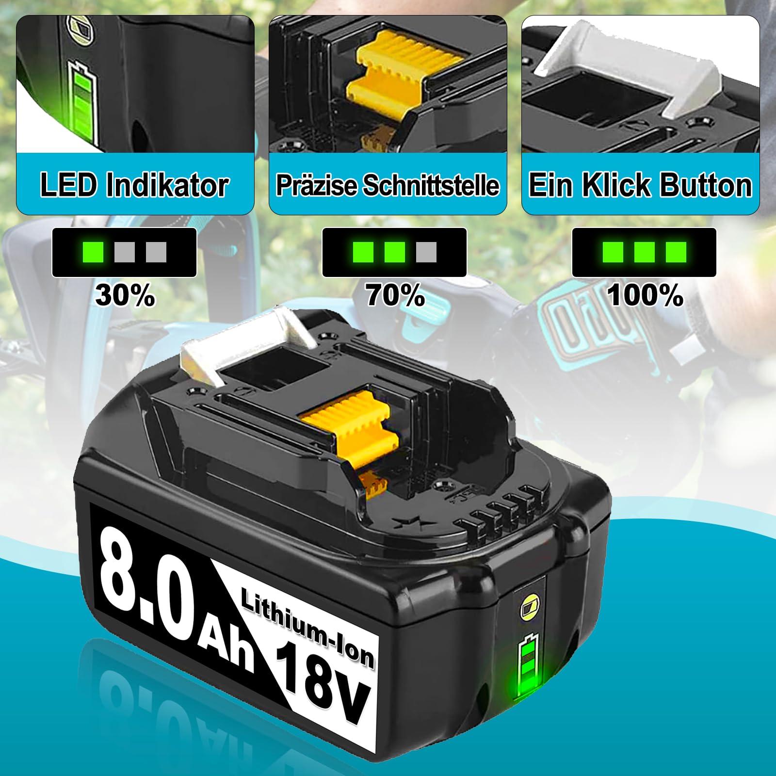 2 Stück 8000mAh 18V Li-ion Akkus Kompatibel mit Makita Akku 18V BL1860B Ersatz für Makita Akku BL1860B BL1850B BL1840 BL1830 BL1815 BL1835 BL1845 BL1850 194205-3 mit LED Indikator (2) - 3