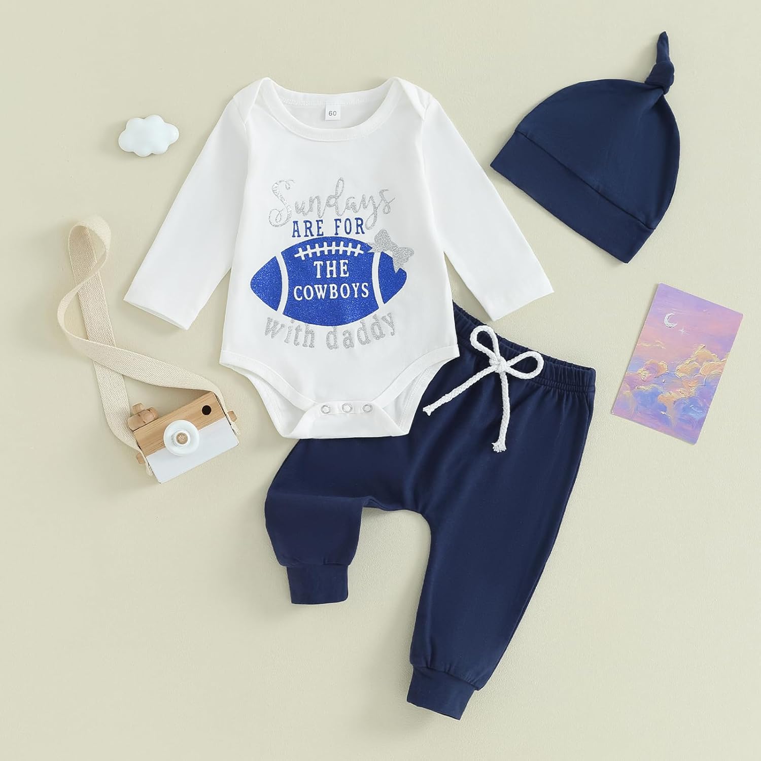 Karuedoo Newborn Baby Boy Football Outfit Sundays Are for Football with Daddy Romper Pants Hat 3Pcs Cowboy Football Outfit - Image 5