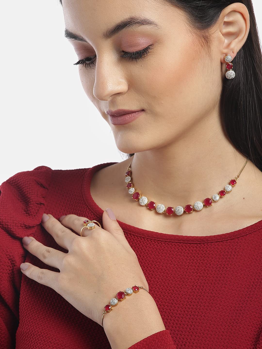 American Diamond Jewellery Set with Necklace, Earrings, Bracelet, Ring