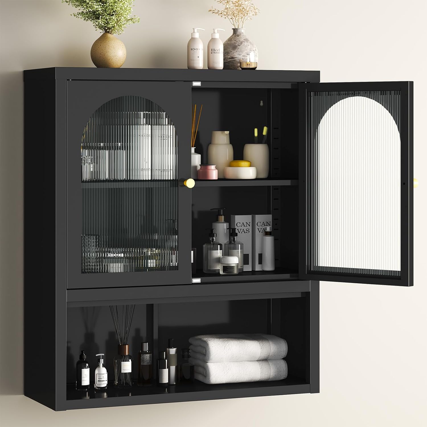 Bathroom Wall Cabinet with Fluted Doors, Metal Wall Cabinet with Adjustable Shelves,Over the Toilet Glass Wall Mounted Storage Cabinet for Kitchen, Bathroom, Laundry Room, Black