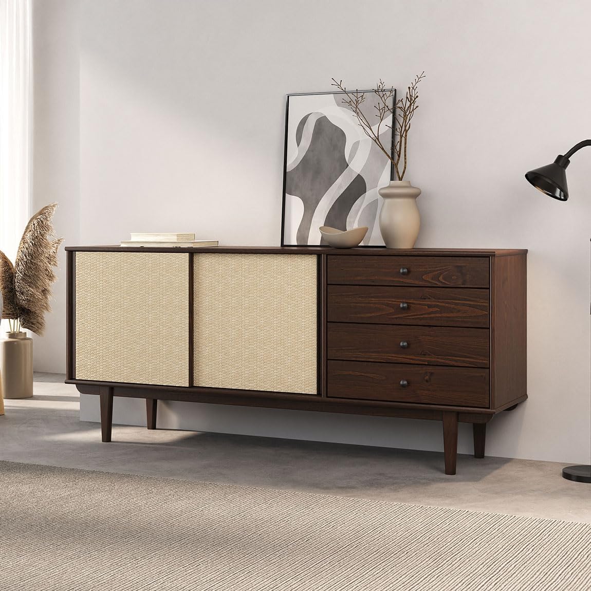 IDIMEX Simona Sideboard with Rattan Wicker 175 cm Walnut Look 4 Drawers and 2 Sliding Doors Hallway Chest of Drawers with Shelf Living Room
