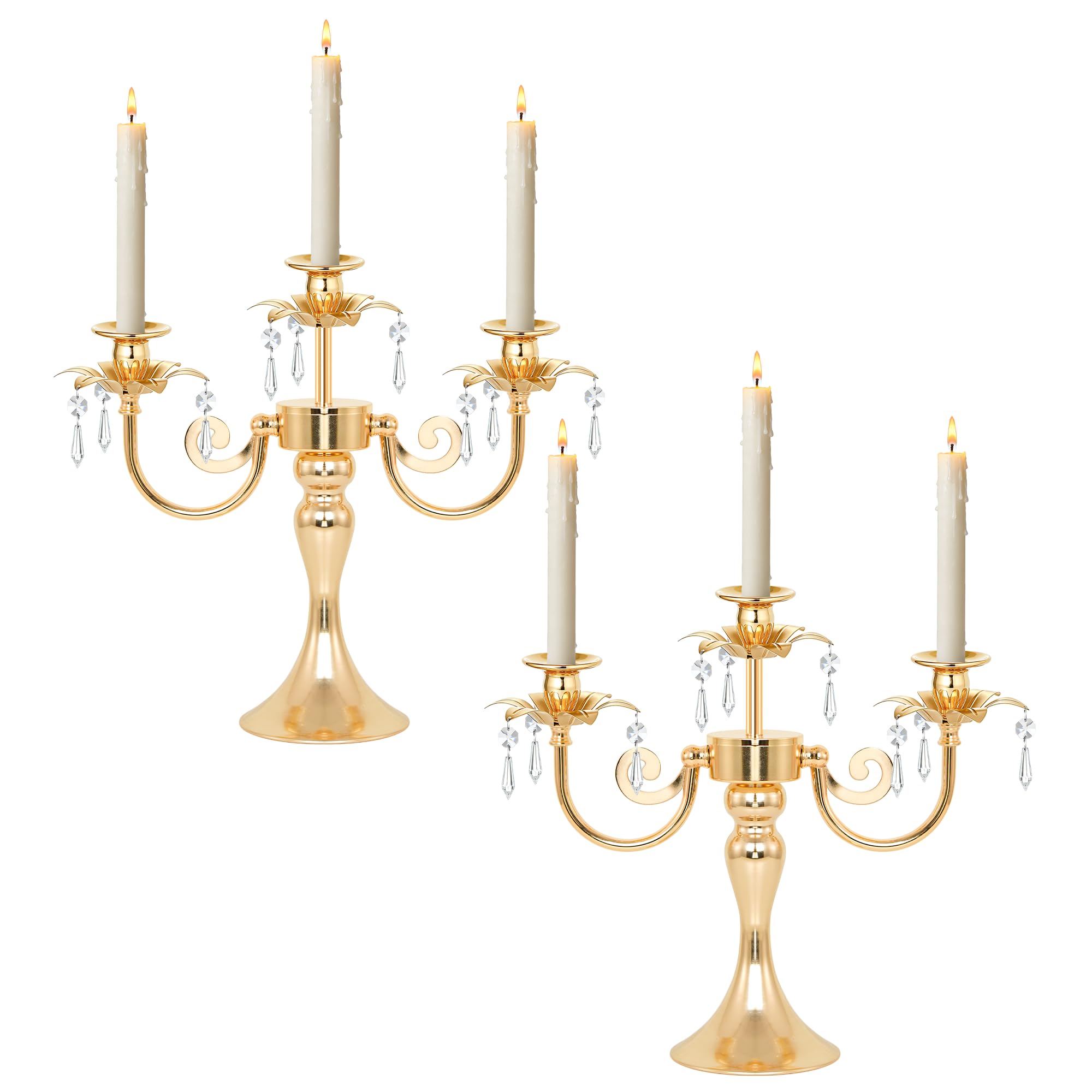 Metal 3 Arm Candelabra with Crystal Pendants - 11.8 Inch Tall Candle Holders, Set of 2 - Elegant Taper Candlestick Stand for Wedding, Dining Table, Christmas Party Home Decoration (2, Gold)