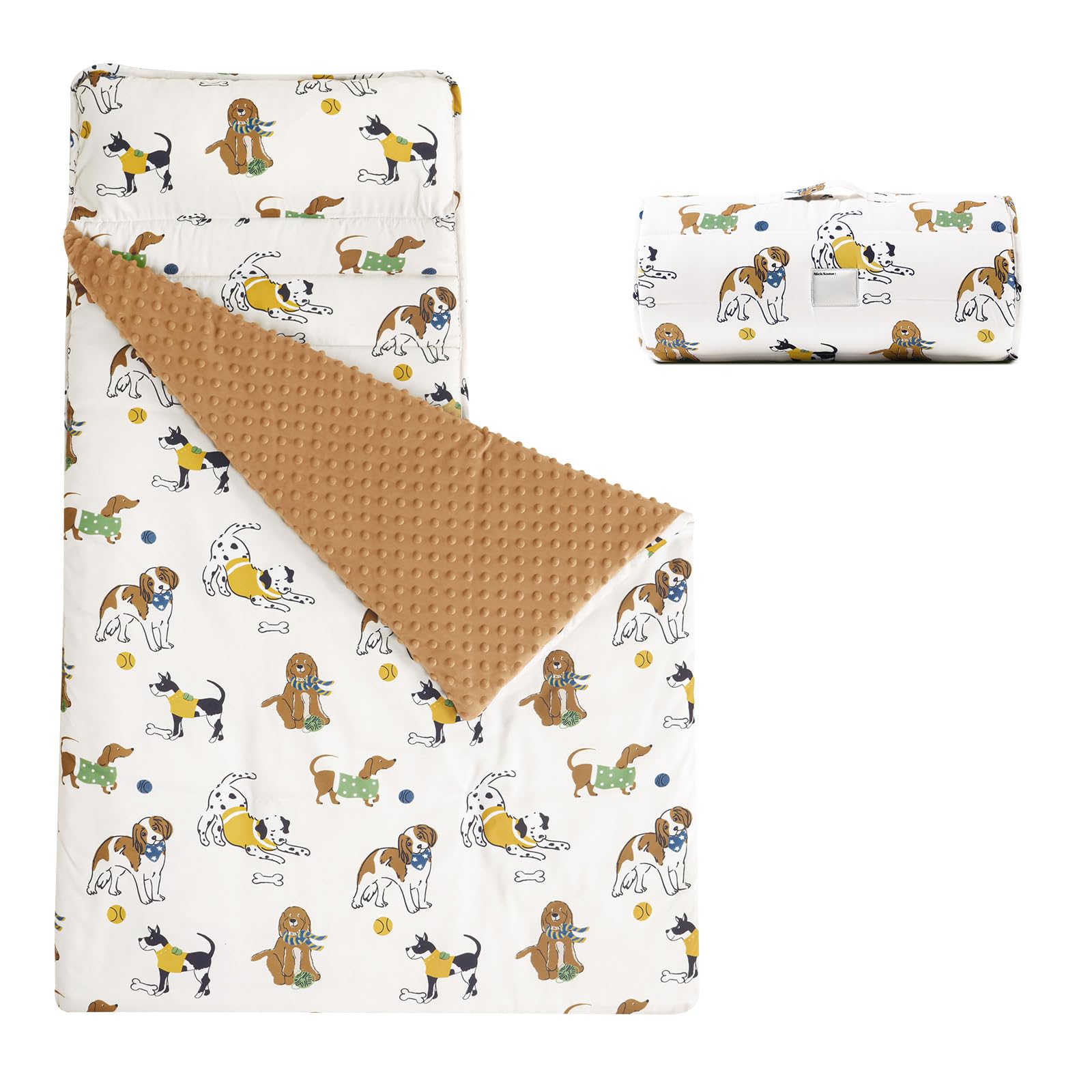 david's kids minky toddler nap mat with pillow and minky fleece blanket, ultra soft slumber bags for kids, perfect for preschool, daycare, kids sleeping bags with rollup design, 50"x20", dog