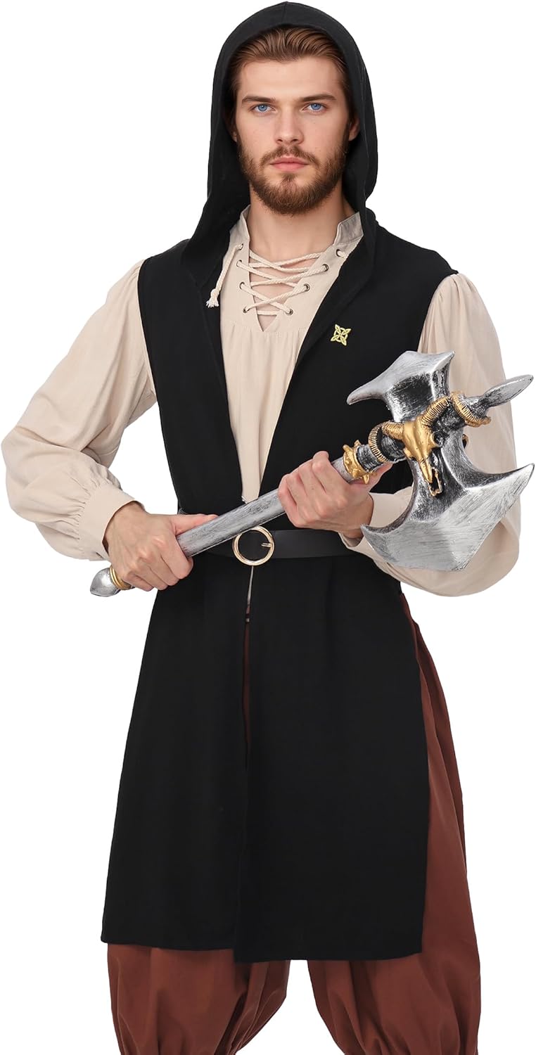 Medieval Hooded Surcoat Sleeveless Tunic Mens Renaissance Vest Tabard Pirate Cosplay Costume Holloween LARP - Image 4