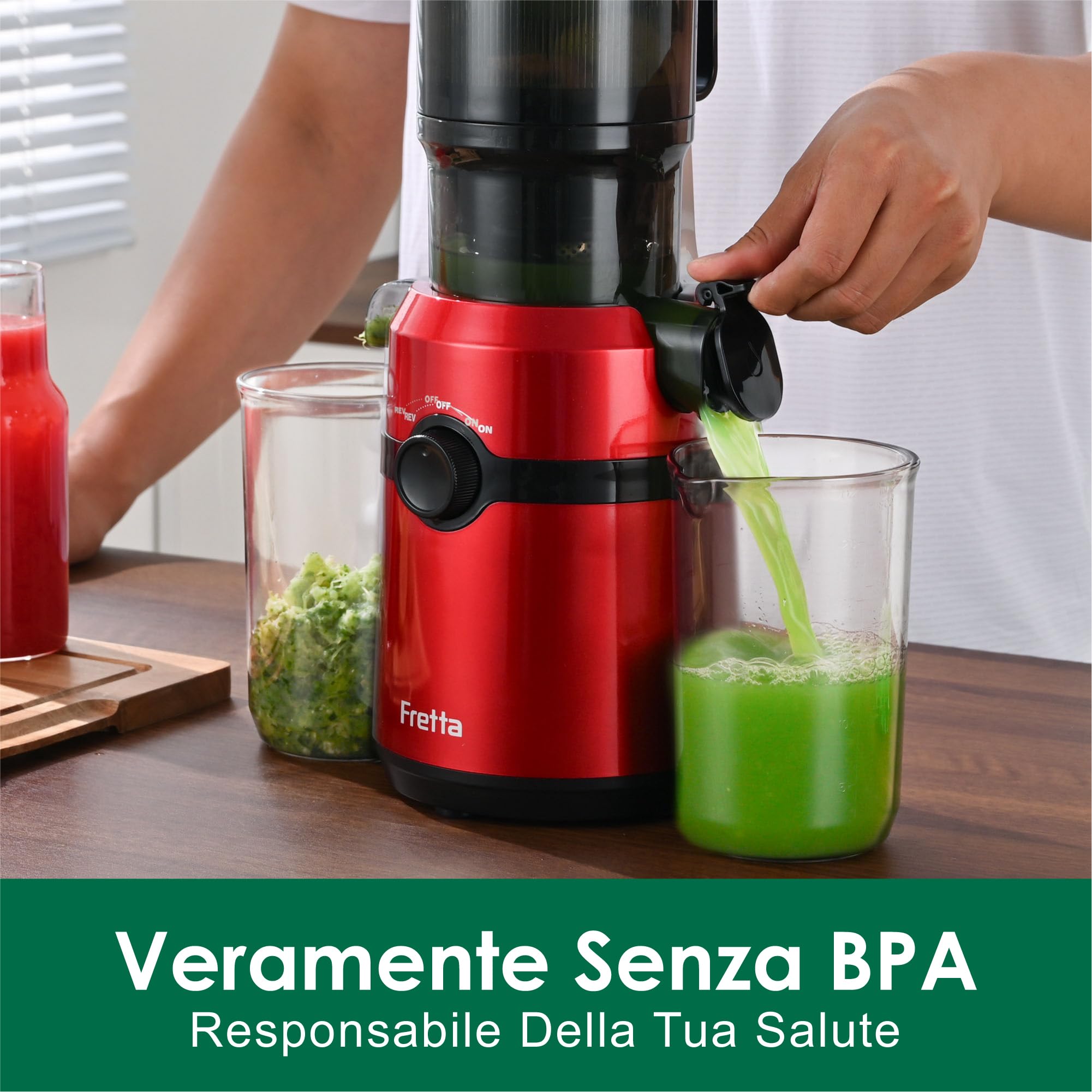 Fretta Estrattore Frutta e Verdura, Apertura Larga da 108mm Adatta a Frutta e Verdure, 1L Capacità, 200W Centrifuga Lenta, 99% Nutrienti Preservati, BPA Free, Facile da Smontare e Pulire