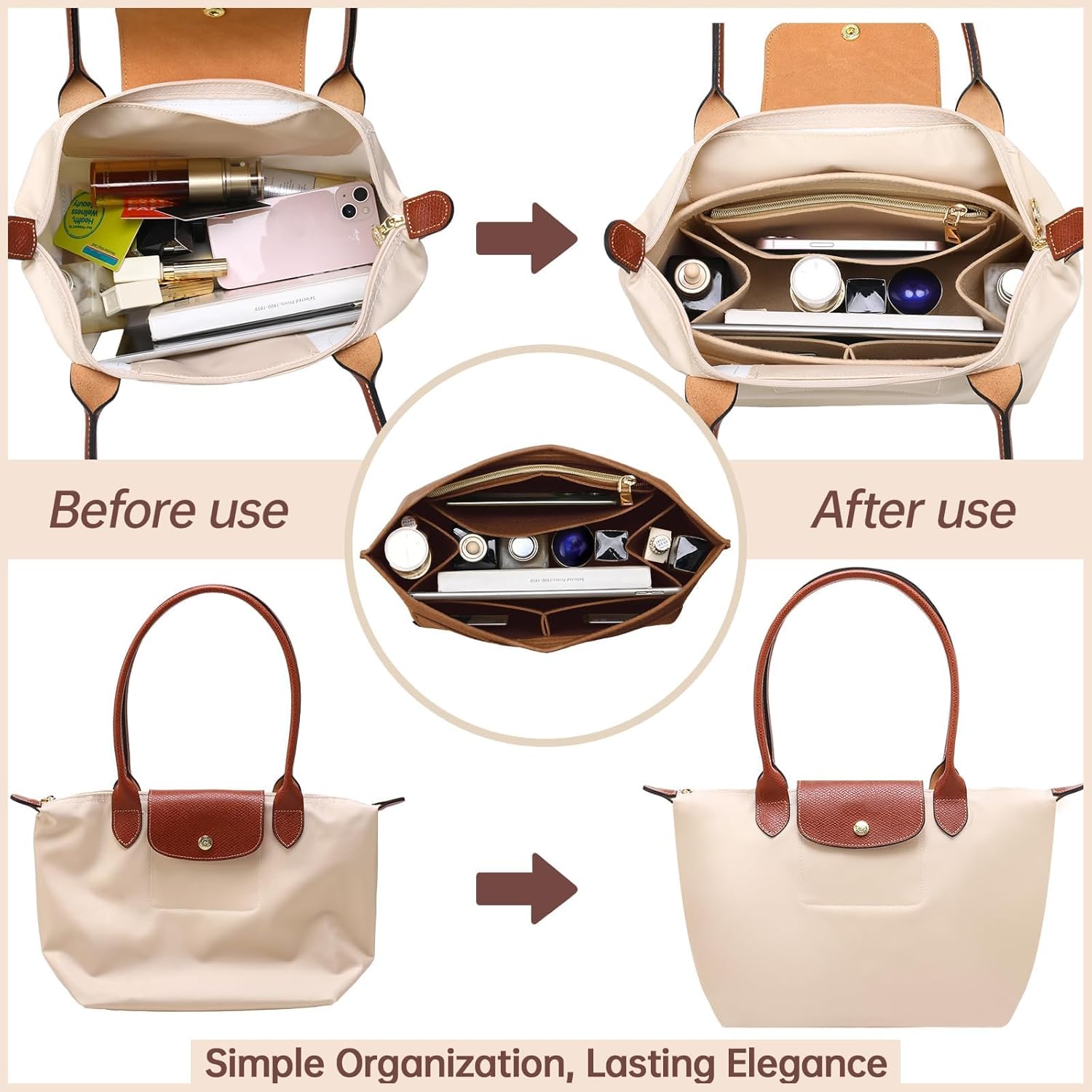 OPPOSHE Purse Organizer Insert for Longchamp Le Pliage, Premium Felt Long Champ Bag Handbag Women, Tote Organizer Insert with 9 Compartments (Medium, Earth Brown)
