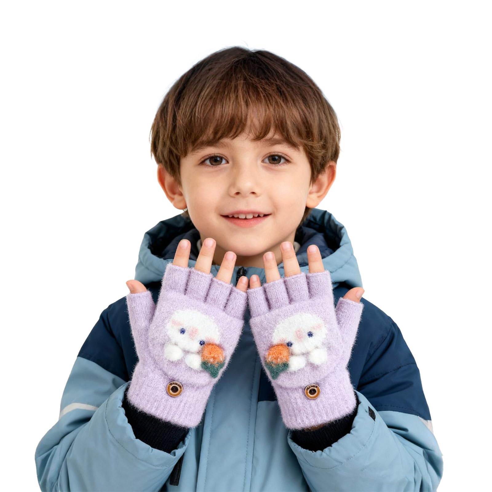 Mitaine avec Rabat pour Enfant Gants Demi-Doigts Chaudes d'Hiver 4-8 Ans