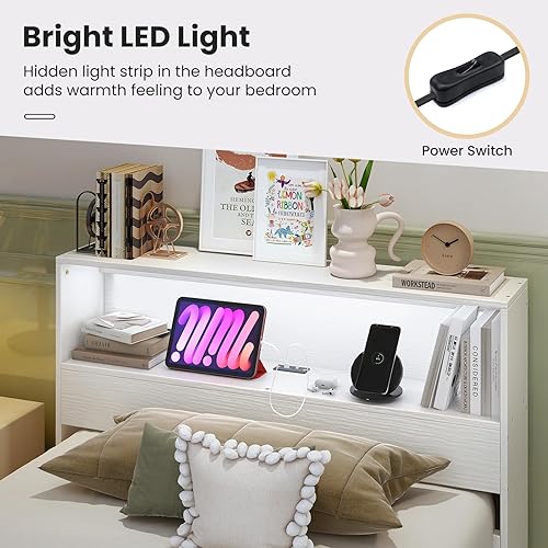 Miniatura 6 de Giantex Base de cama individual con cabecera de almacenamiento, plataforma de madera con estación de carga y luz LED, cama individual con soporte de