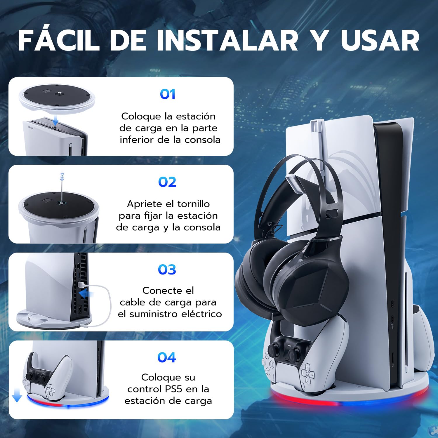 Soporte para PS5 Slim, Estación de Carga con LED para PS5 Slim Digital/Disc Edition, Base de Cargador para Controlador Dual PS5 con Soporte para Auriculares - Blanco - No para PS5/PS5 Pro