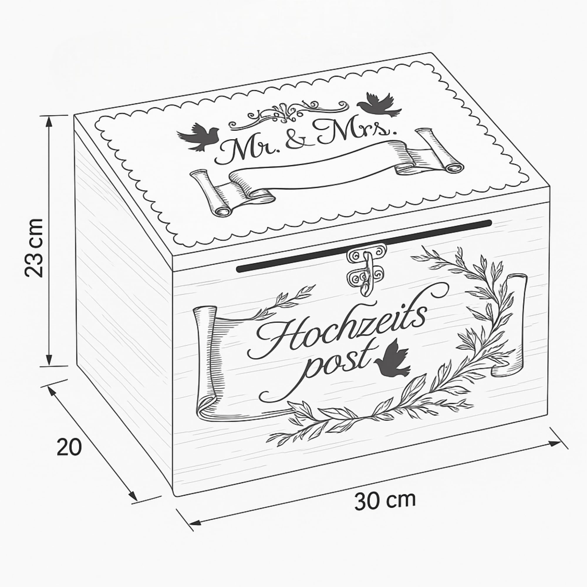 MIJOMA Hochzeitsbriefkasten aus Holz – Kartenbox für Geldgeschenke & Glückwünsche – Hochzeitspost Box mit Schlitz & Schloss – Dekoration & Erinnerungsbox für das Brautpaar