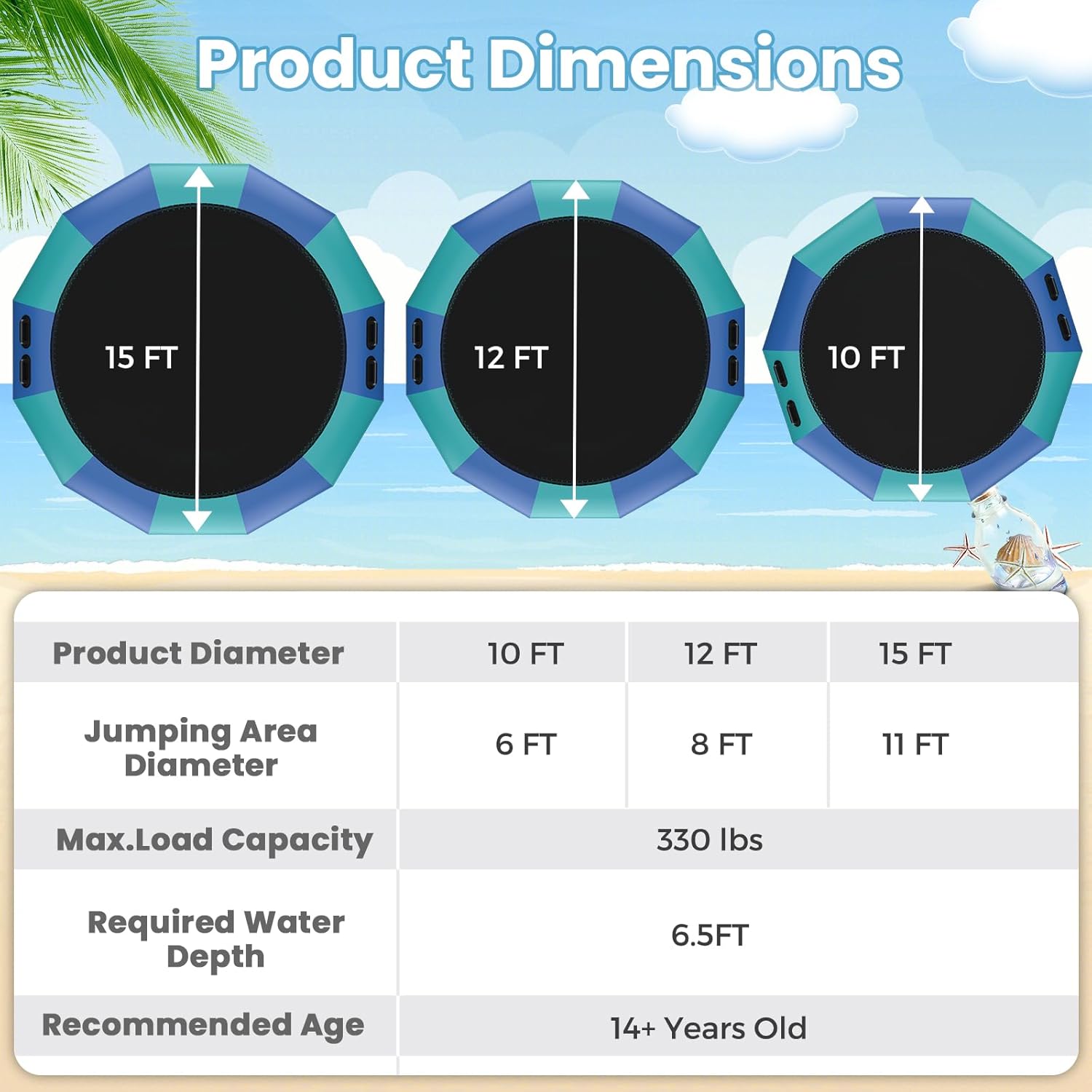 KOTEK Water Trampoline, 10Ft/12Ft/15Ft Recreational Water Bouncer with Electric Pump, Rope Ladders, Inflatable Floating Trampoline for Lake, Pool, Calm Sea Water Sports