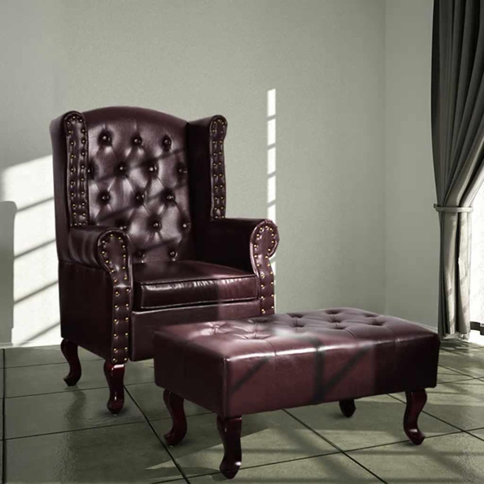 Antikbrauner Chesterfield-Sessel aus Kunstleder mit Holzbeinen - Komfortables Wohnzimmermöbel Loungesessel, Wohnmöbel 60784