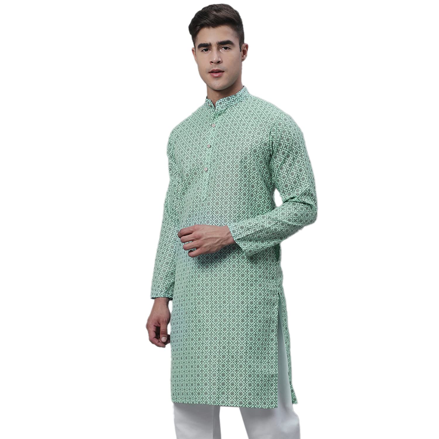 Sojanya (Since 1958 Men's Cotton Linen Sea Green Foil Printed Only Long Kurta